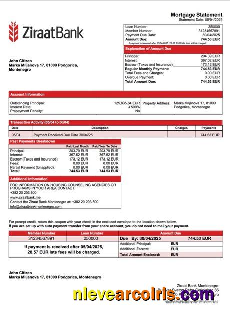 Montenegro Ziraat Bank Montenegro mortgage statement Word and PDF template